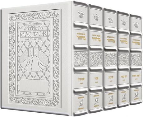 Interlinear Machzor Five Volume Ashkenaz Yerushalayim White Leather