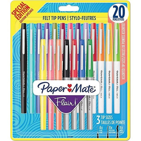 Paper Mate Flair Felt Tip Pens , Assorted Bold 1.2mm , Medium 0.7mm and Ultra Fine 0.4mm Points , Assorted Special Edition Colours, 20 Pack