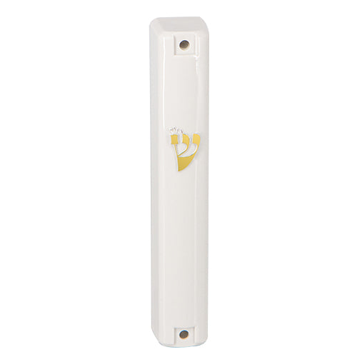 Plastic Mezuzah With Rubber Cork 12 Cm- White With Gold Shin