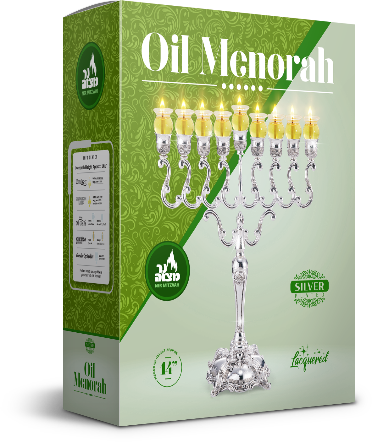 Ner Mitzva Silver Plated Oil Menorah Traditional Design