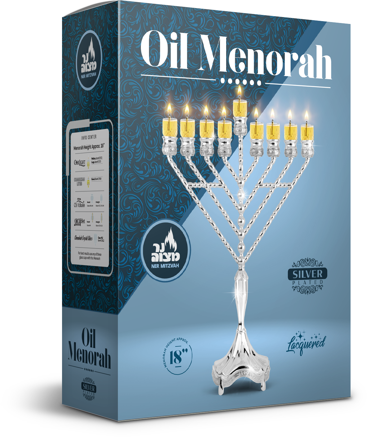 Ner Mitzvah Silver Plated Oil Rambam Menorah