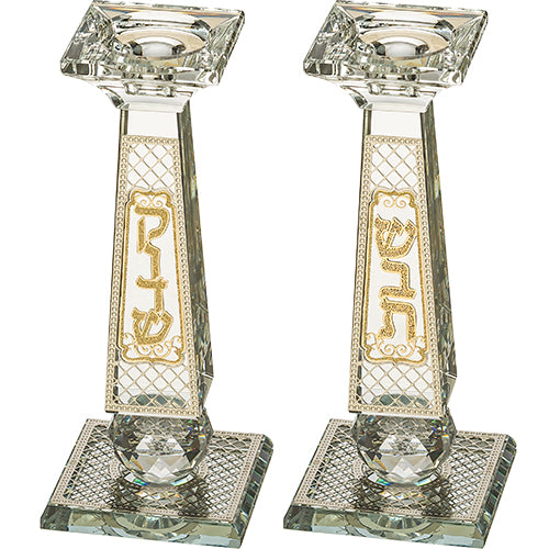 Pair of Crystal Elegant Candlesticks with Laser Cut Metal Plaque 20 cm