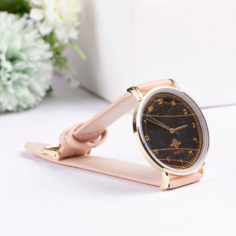 Watch With Aleph Bais" Gold Handle Black Face Gold Rim