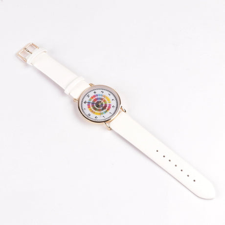 Watch With Aleph Bais White Handle Green Designed Face Gold Rim
