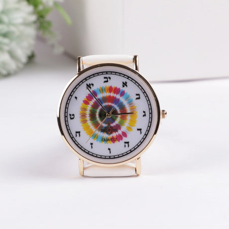 Watch With Aleph Bais White Handle Green Designed Face Gold Rim