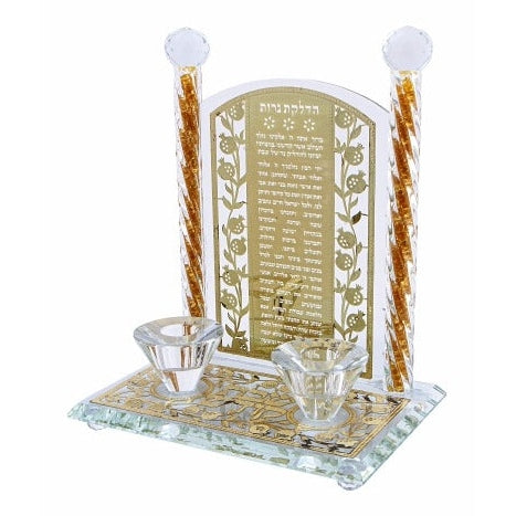 6 Crystal Candlesticks 24cm- With Inscribed “candle Lighting” Blessing Plaque- Pomegranate Motif