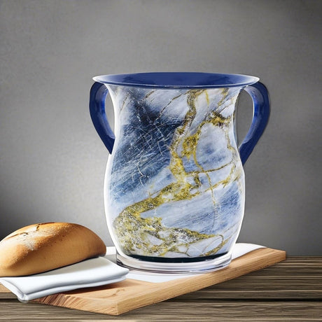 Stainless Steel Netilat Yadayim Cup – Blue and Gold Stone Painted Design