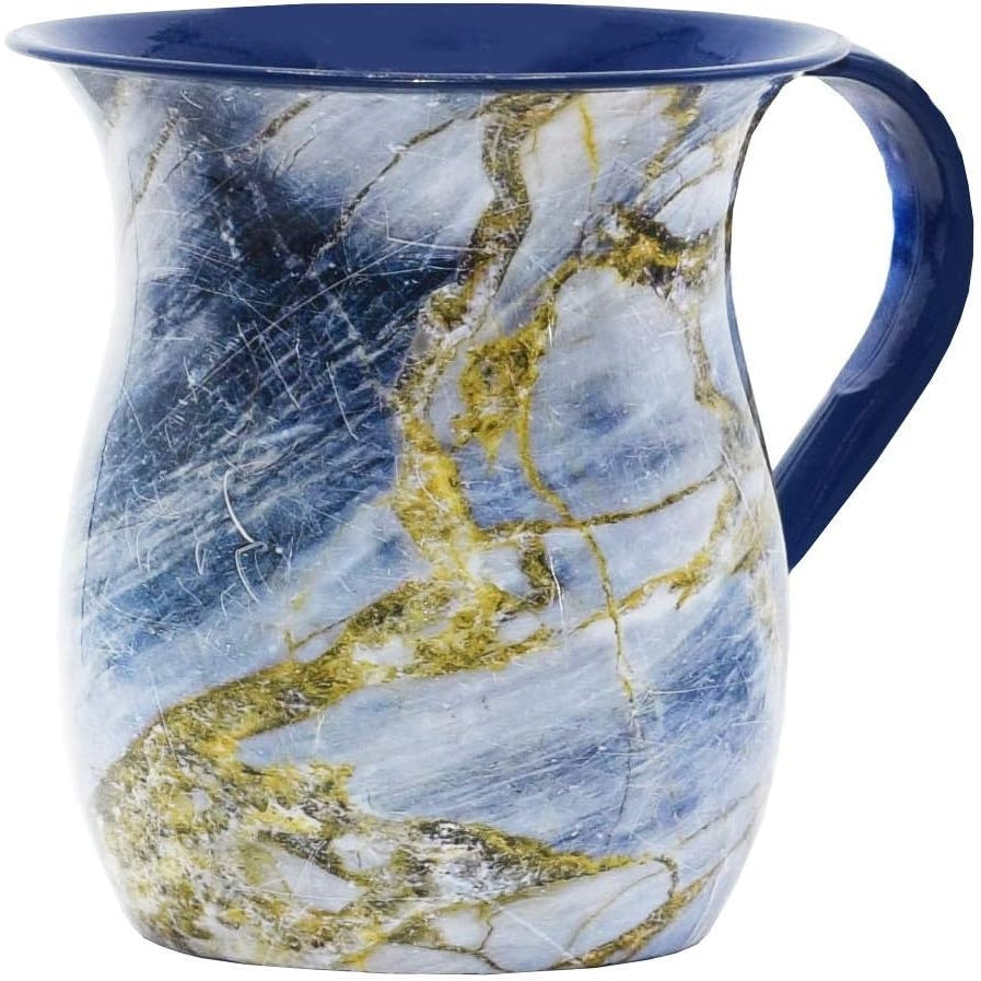 Stainless Steel Netilat Yadayim Cup – Blue and Gold Stone Painted Design