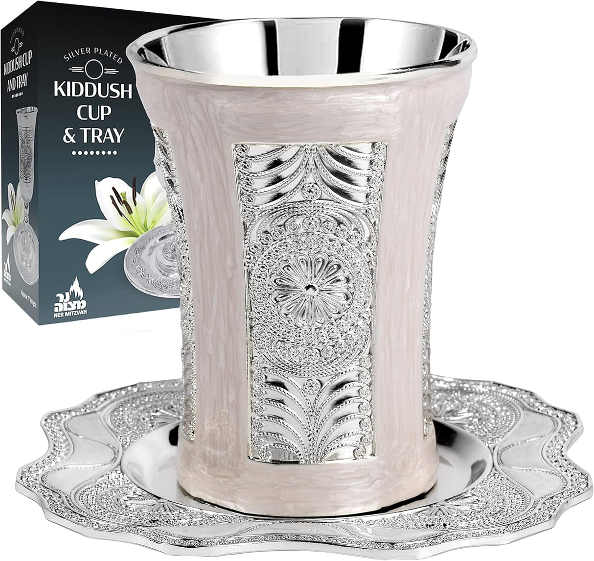 Kiddush Cup and Tray - Premium Quality Marble and Silver Plated Wine Cup