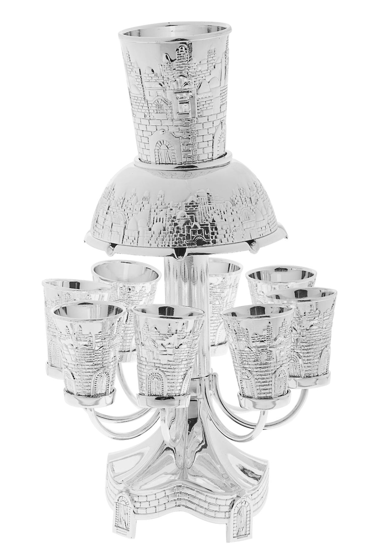 Silver Plated Kiddush Fountain Large Kiddush Cup with 8 Small Cups Jerusalem Design