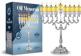 Silver Plated Oil Menorah - Fits Standard Chanukah Oil Cups and Large Candles - Olive Branches