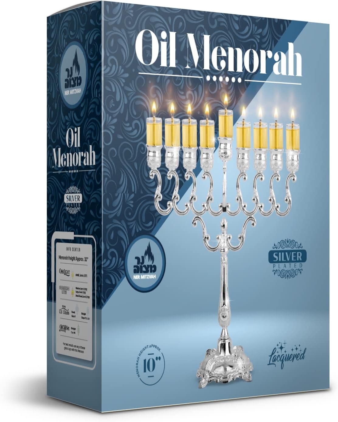 Silver Plated Oil Menorah - Fits Standard Chanukah Oil Cups and Large Candles - Olive Branches