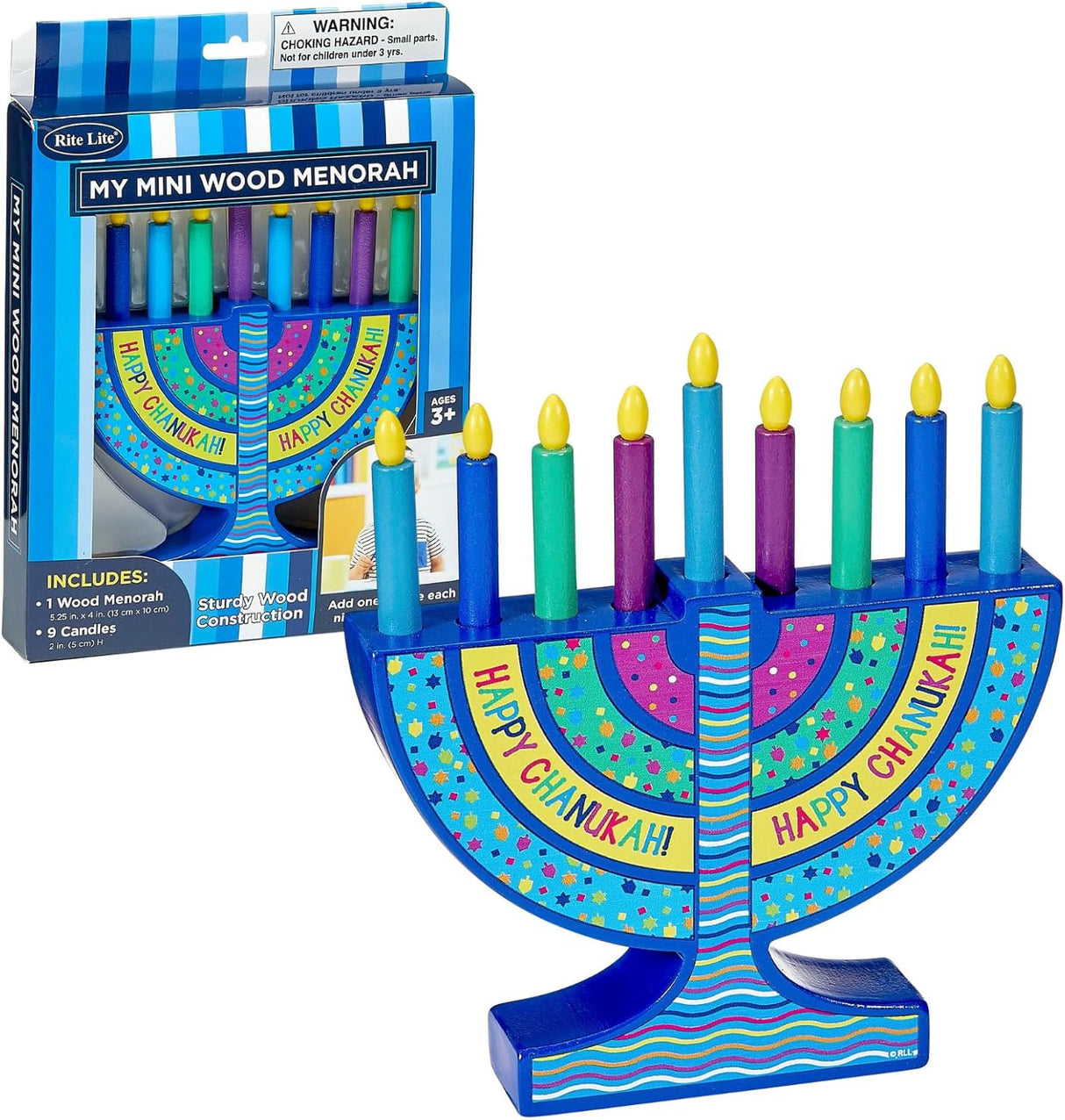 Mini Wood Menorah with Removable Wood Candles - Colorful Chanukah Menorah for Kids