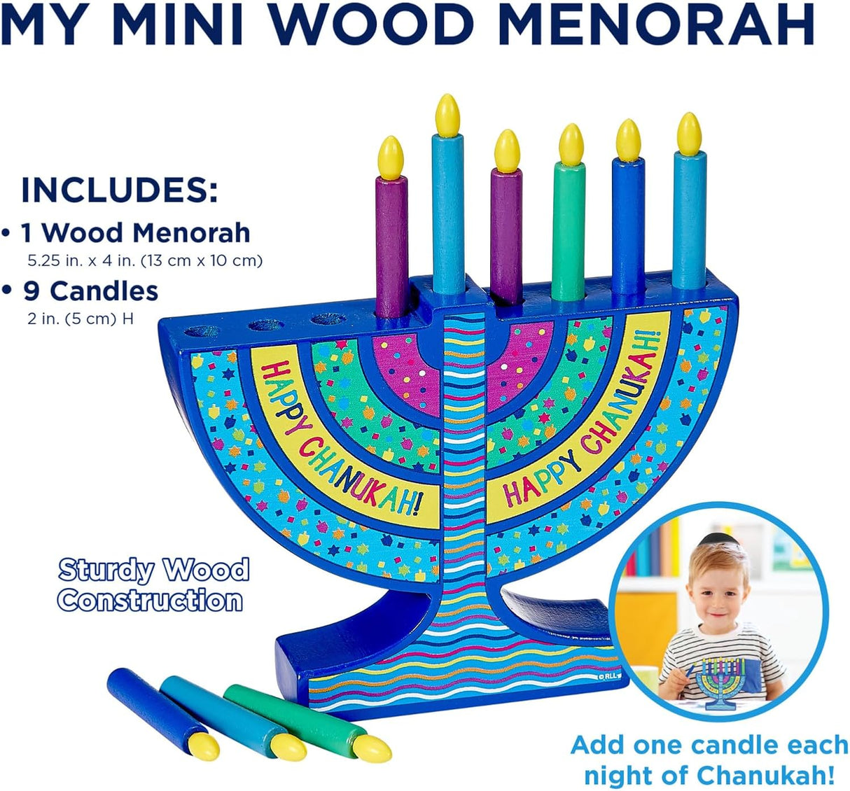 Mini Wood Menorah with Removable Wood Candles - Colorful Chanukah Menorah for Kids