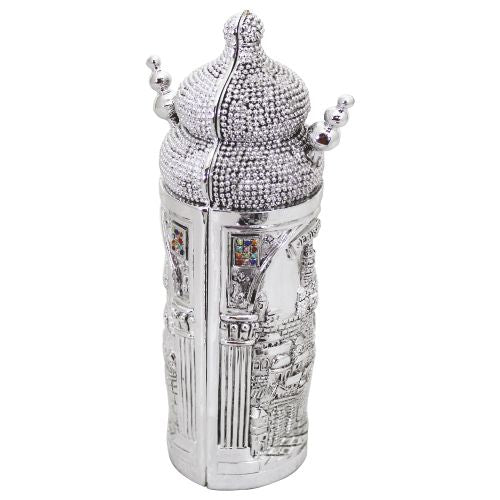 Elegant Silvered Polyresin Sephardic Torah Book For Children, Laid With Choshen Stones 20x10 Cm