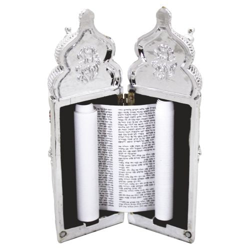 Elegant Silvered Polyresin Sephardic Torah Book For Children, Laid With Choshen Stones 20x10 Cm