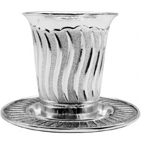 Nickel Plated Kiddush Cup with Tray Wavy Line Design