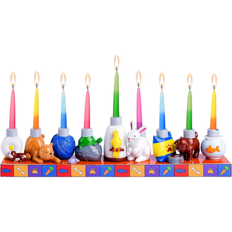 Ner Mitzvah Hand Painted Resin Hanukkah Menorah - Theme Menorahs for Chanukah - Pets Multicolored Chanukah Menorah for Kids