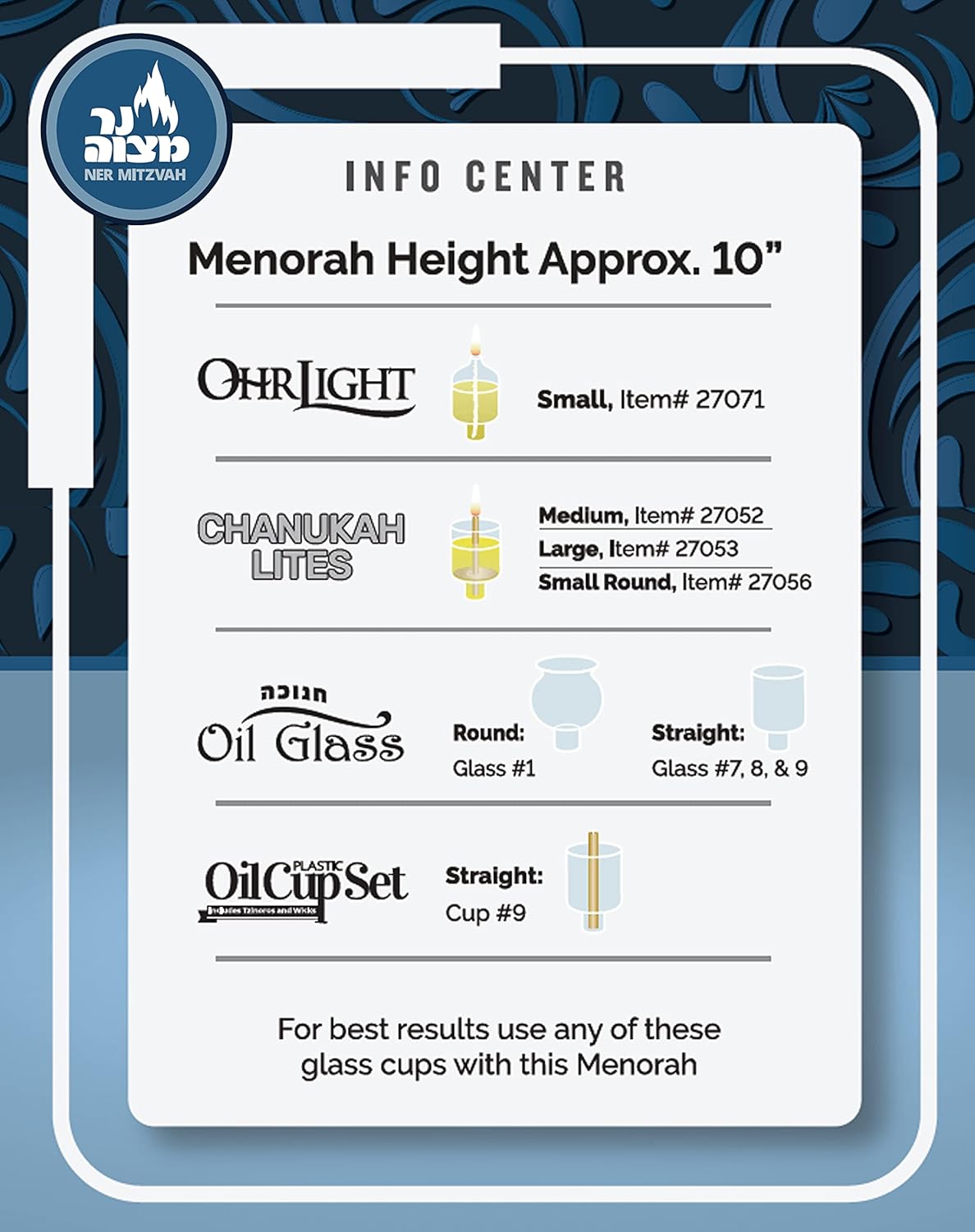 Silver Plated Oil Menorah - Fits Standard Chanukah Oil Cups and Large Candles - Olive Branches