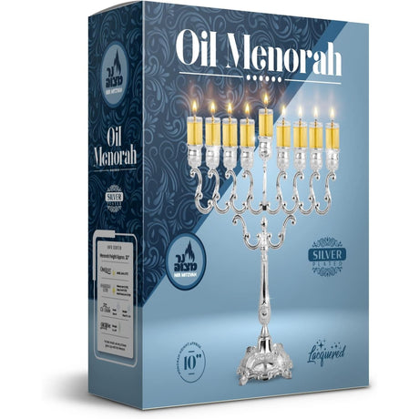 Silver Plated Oil Menorah - Fits Standard Chanukah Oil Cups and Large Candles - Olive Branches