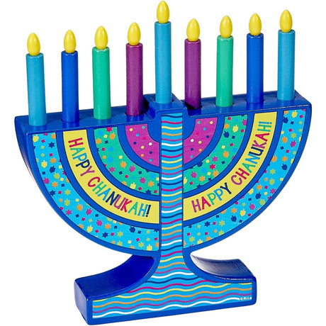 Mini Wood Menorah with Removable Wood Candles - Colorful Chanukah Menorah for Kids