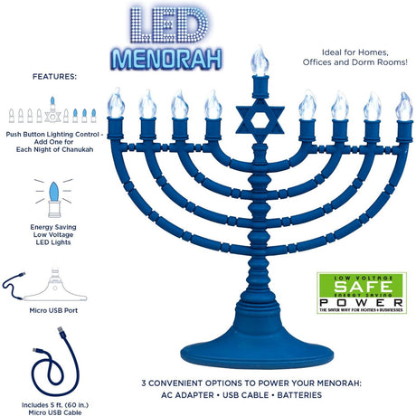 Rite Lite Blue Plastic Electric LED Low Voltage Chanukah Menorah with Clear Bulbs