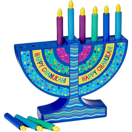 Mini Wood Menorah with Removable Wood Candles - Colorful Chanukah Menorah for Kids