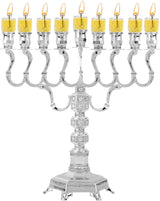 Ner Mitzvah Silver Plated Oil Menorah - Fits Standard Chanukah Oil Cups and Large Candles - Olive Branches - 35 cm High