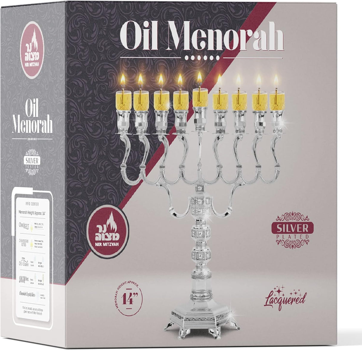 Ner Mitzvah Silver Plated Oil Menorah - Fits Standard Chanukah Oil Cups and Large Candles - Olive Branches - 35 cm High