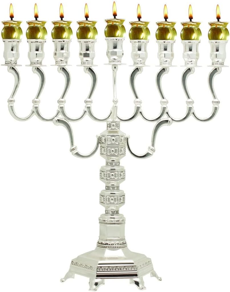 Ner Mitzvah Silver Plated Oil Menorah - Fits Standard Chanukah Oil Cups and Large Candles - Olive Branches - 35 cm High