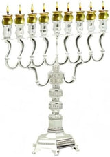 Ner Mitzvah Silver Plated Oil Menorah - Fits Standard Chanukah Oil Cups and Large Candles - Olive Branches - 35 cm High