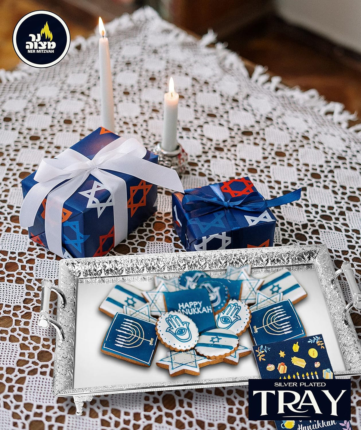 Ner Mitzvah Sliver Plated Glass Tray 60X40cm
