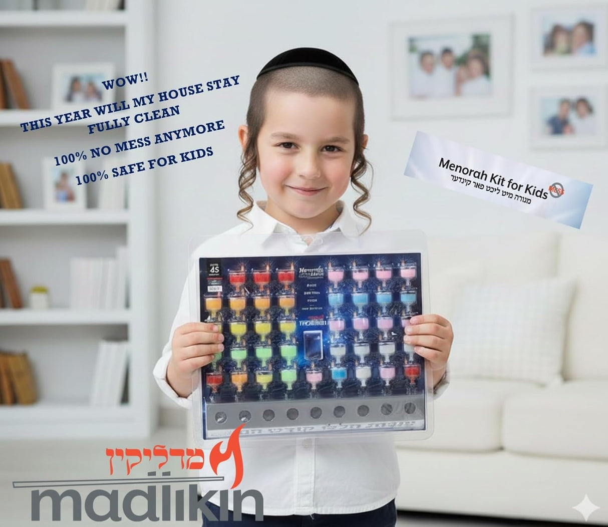 MADLIKIN CHANUKAH KIDS MENORAH WITH 50 COLORED GLASS CUPS