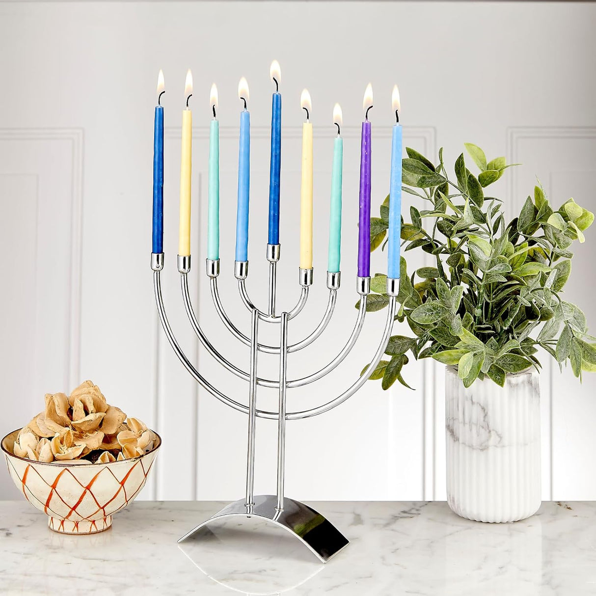 Steel Menorah by Rite Lite | Modern & Luxurious Shiny Silver Finish Menora