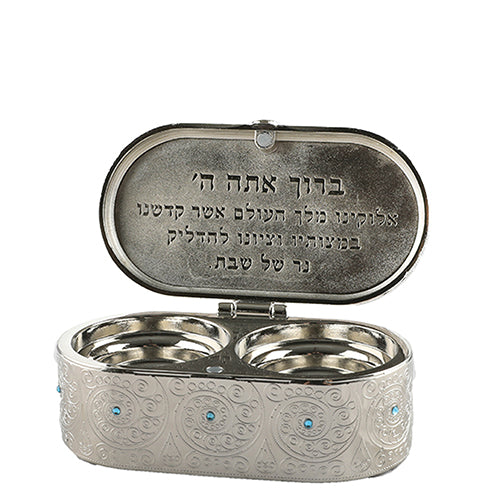 Nickel Travel Size Candlesticks In A Box With Cover Inlaid With Light Blue Stones 4x9 Cm- "filigree"