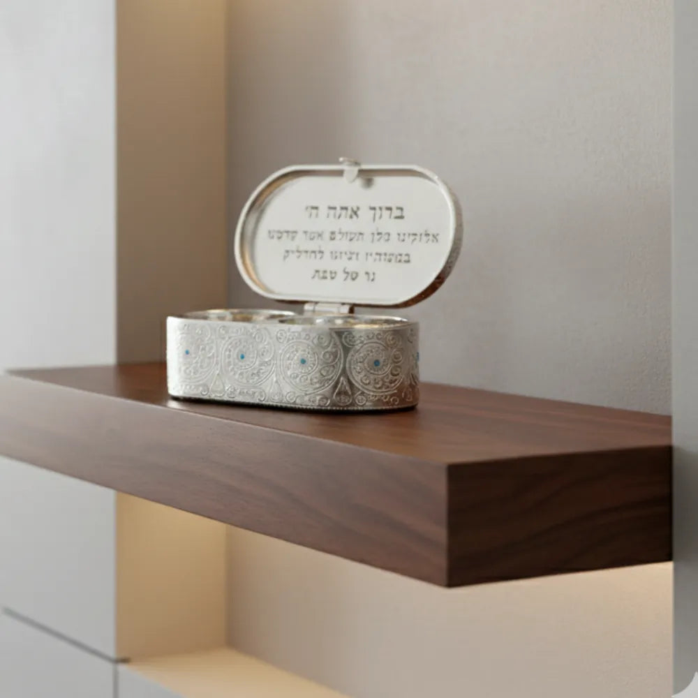 Nickel Travel Size Candlesticks In A Box With Cover Inlaid With Light Blue Stones 4x9 Cm- "filigree"