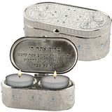 Nickel Travel Size Candlesticks In A Box With Cover Inlaid With Light Blue Stones 4x9 Cm- "filigree"