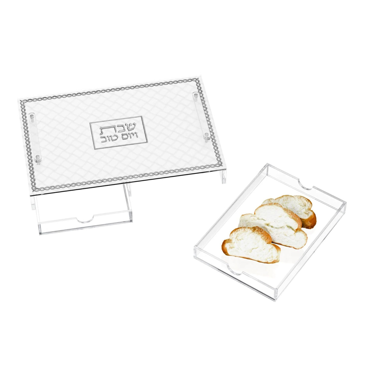 Woven Leatherite Challah Board with Tray - SILVER