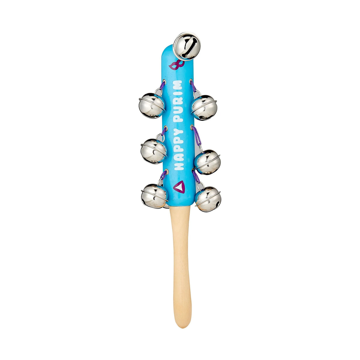 PURIM GRAGGER WITH BELLS, WOOD, BLUE, 8″, POLYBAG