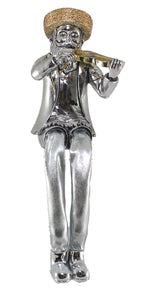Silvered Polymer Sitting Hassidic Figurine With Cloth Legs 19 Cm- Fiddle Player
