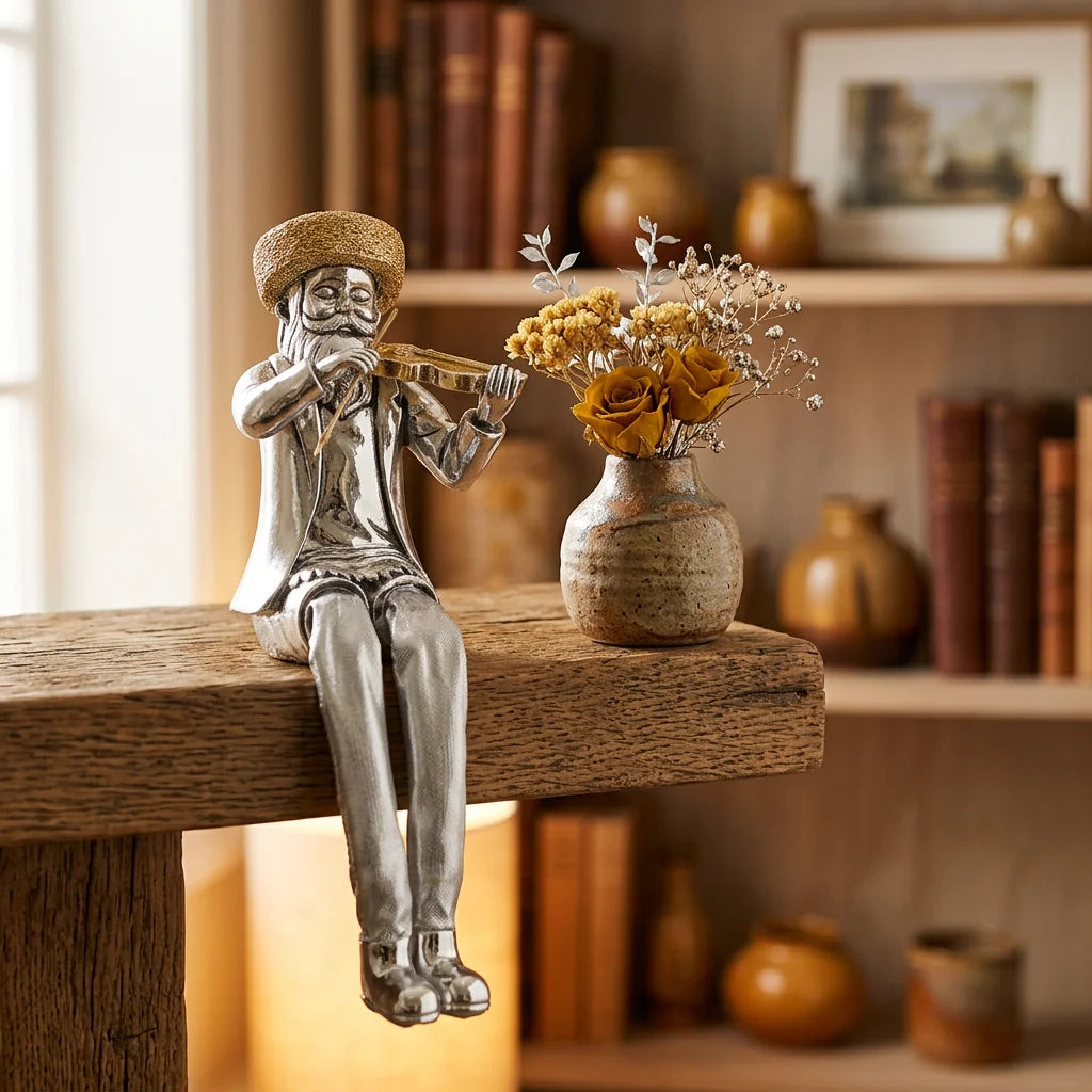 Silvered Polymer Sitting Hassidic Figurine With Cloth Legs 19 Cm- Fiddle Player