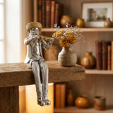 Silvered Polymer Sitting Hassidic Figurine With Cloth Legs 19 Cm- Fiddle Player