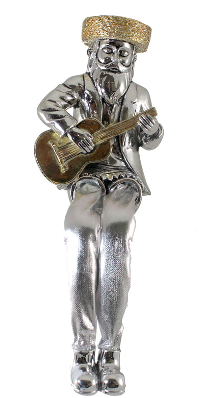 Silvered Polymer Sitting Hassidic Figurine With Cloth Legs 18 Cm- Guitar Player