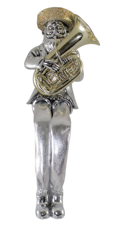 Silvered Polymer Sitting Hassidic Figurine With Cloth Legs 19 Cm- Tuba Player