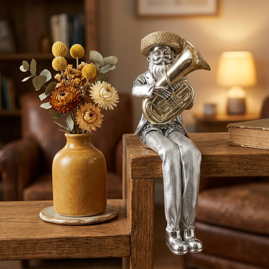 Silvered Polymer Sitting Hassidic Figurine With Cloth Legs 19 Cm- Tuba Player