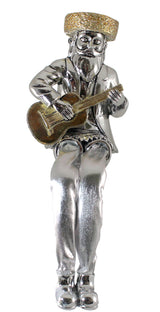 Silvered Polymer Sitting Hassidic Figurine With Cloth Legs 18 Cm- Guitar Player