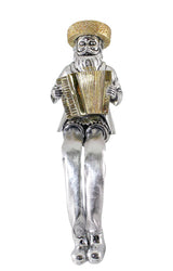 Silvered Polymer Sitting Hassidic Figurine With Cloth Legs 19 Cm- Accordion Player