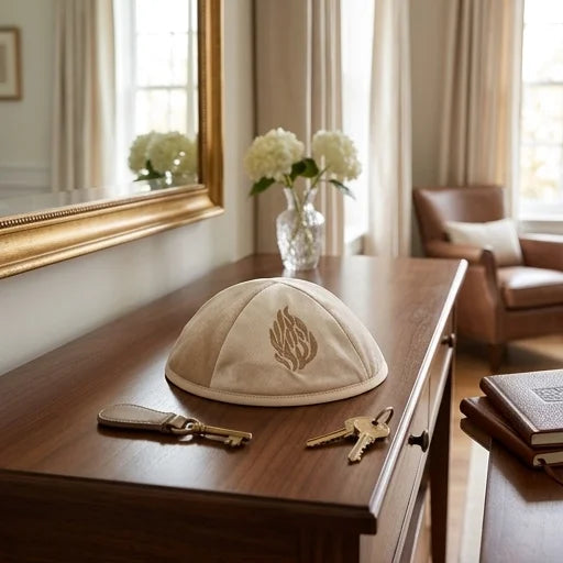 Velvet Kippah with Embroidery Size 4- Off White