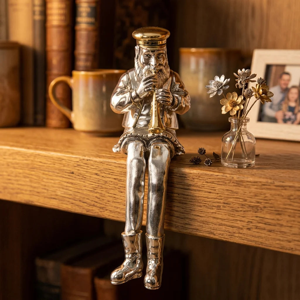 Silvered Polymer Sitting Hassidic Figurine With Cloth Legs 25 Cm- Clarinet Player