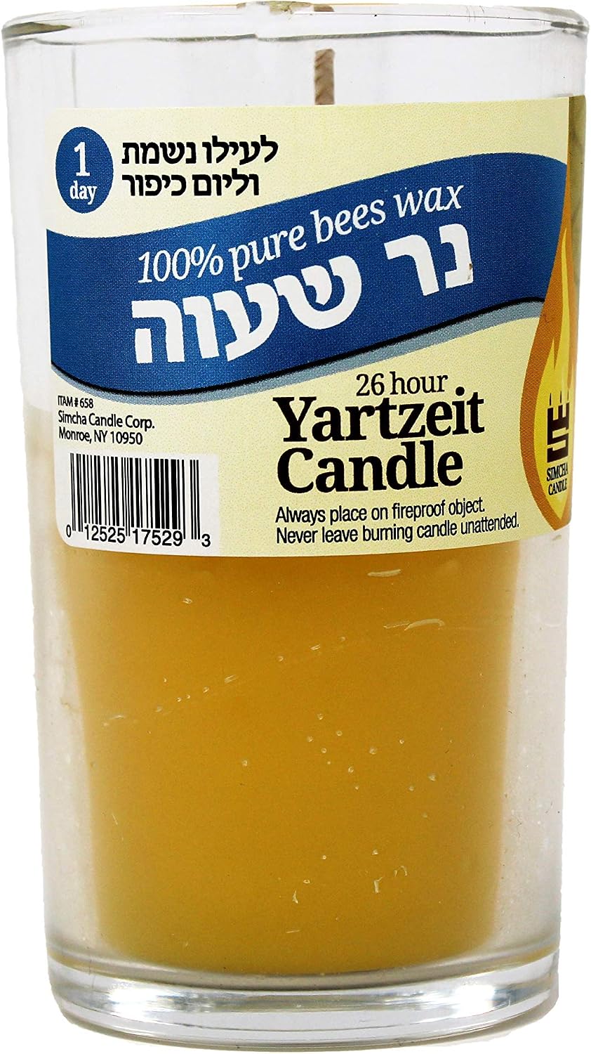 Pure Beeswax Yahrzeit Candle 24 Hour Candle in Glass Jar